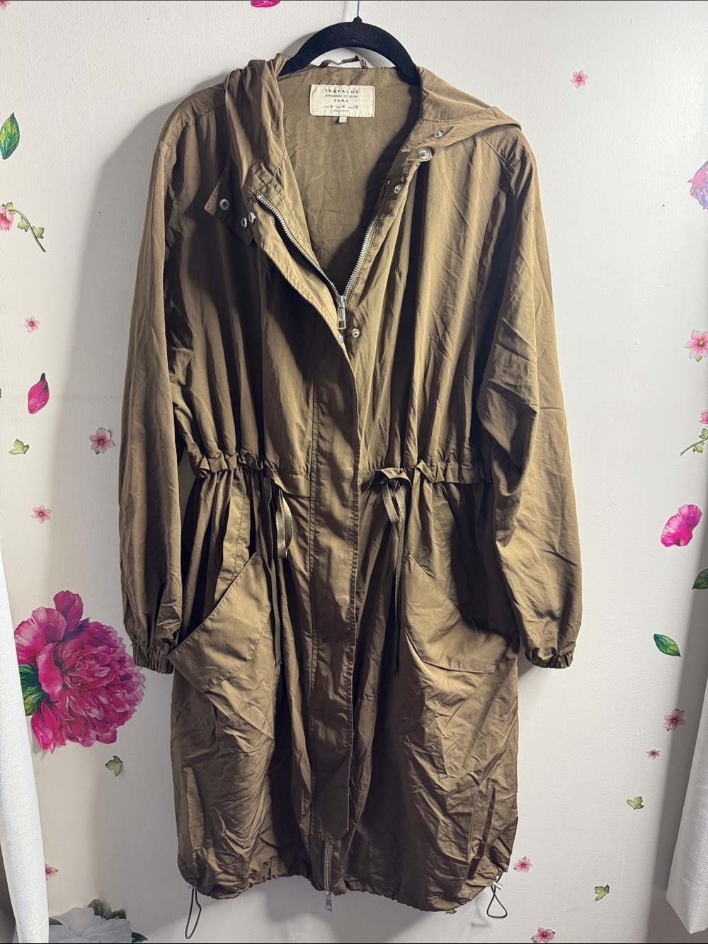 ZARA Trafaluc Long Khaki Utility Parka Coat Hooded Drawstring Y2K Size M